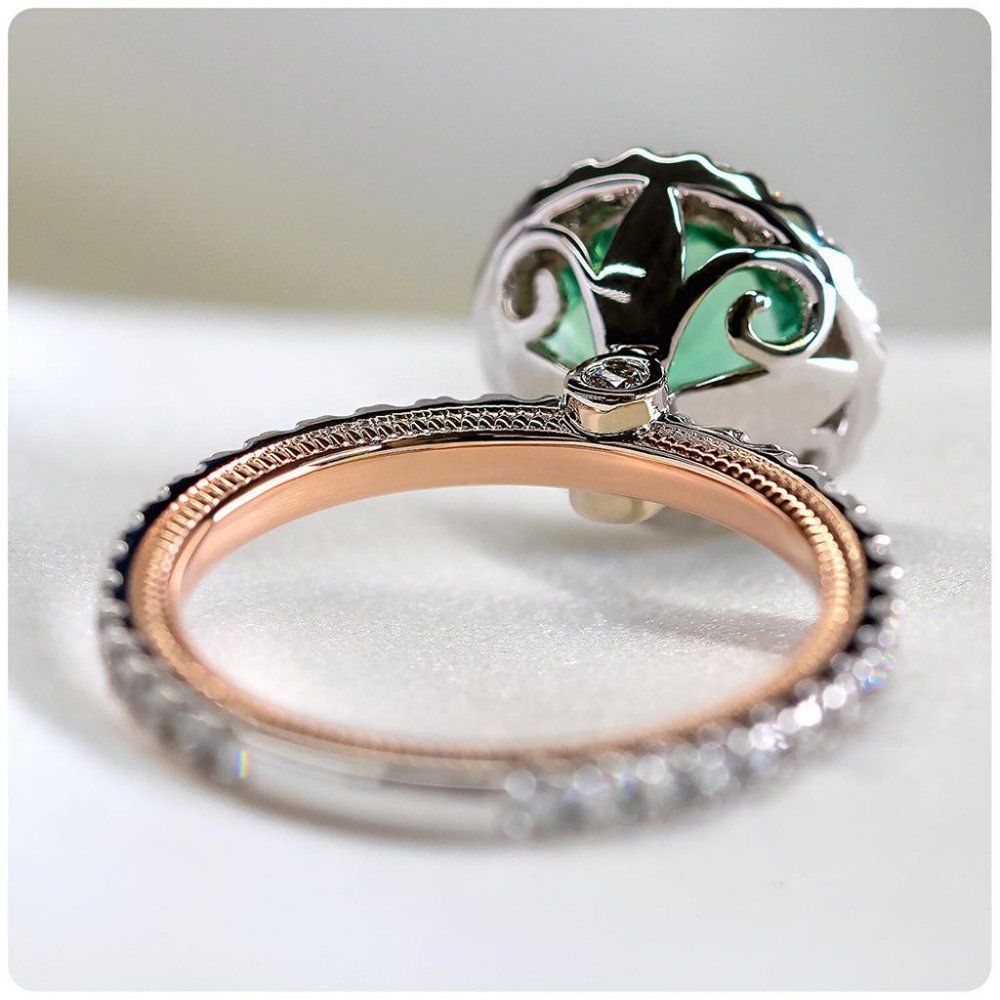 NEW Two Tone  Round Emerald Diamond Halo Ring - Picture 3 of 4